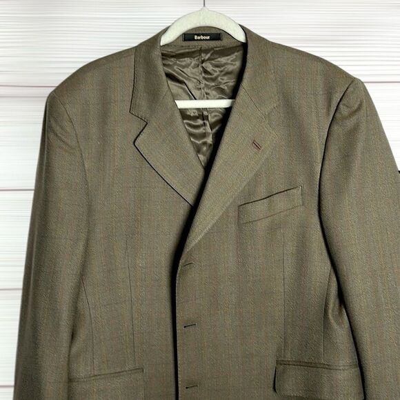 Vintage BARBOUR Wool Suit Jacket Sport Coat Blazer Olive Green Plaid size US 44L - Picture 3 of 16